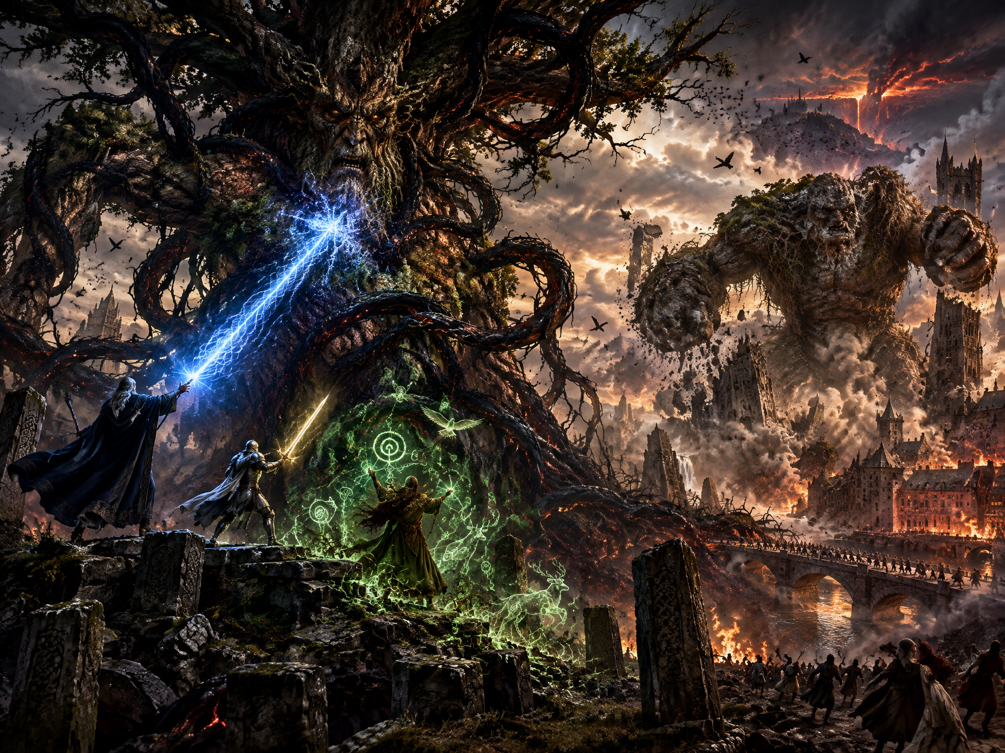Three fantasy heroes battle a towering menacing sentient evil tree ...