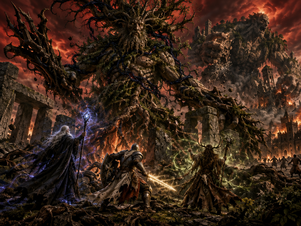 Three fantasy heroes battle a towering menacing sentient evil tree ...