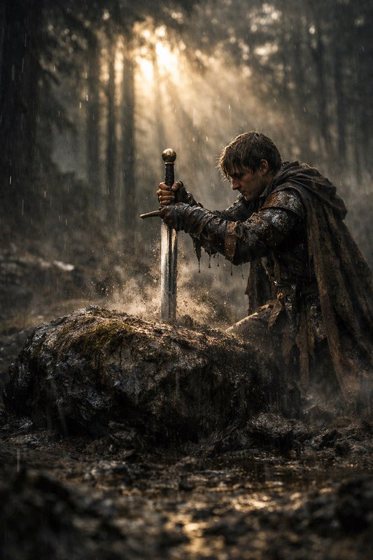 A rugged warrior in a tattered cloak kneels in a muddy forest, gripping a sword planted in a rock.