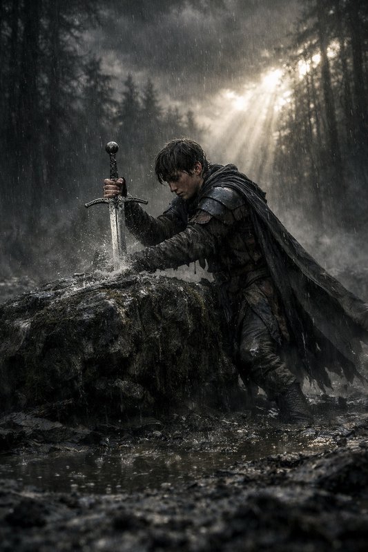 A rugged medieval warrior in rain-soaked armor grips a sword planted in a wet rock, with a misty forest backdrop.