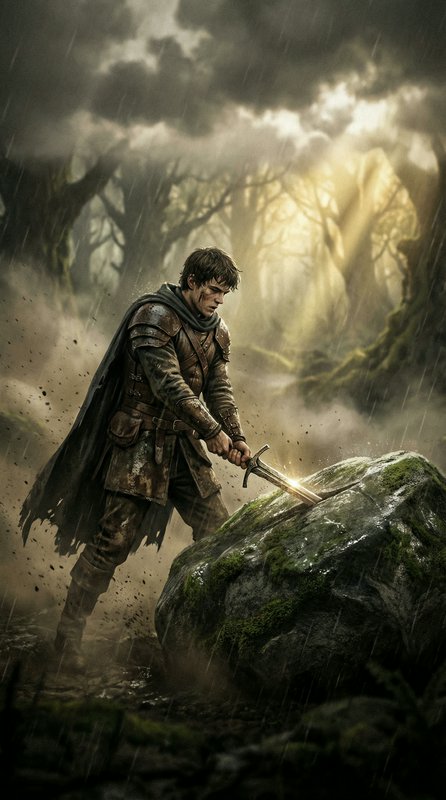 Medieval knight in armor raises a glowing sword against a mossy rock in a stormy forest.