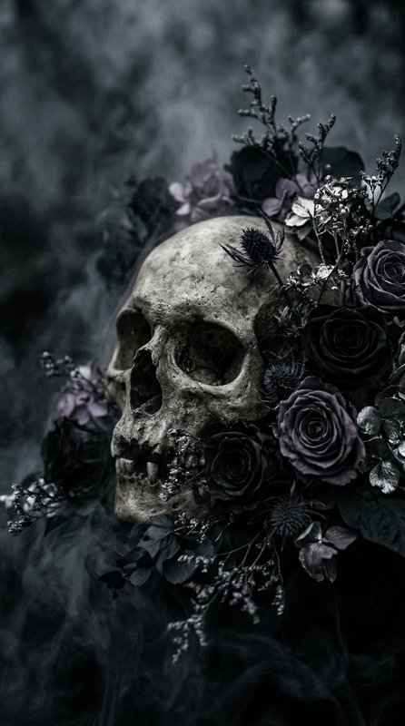 A human skull surrounded by dark purple roses and dried flowers in a moody, smoky setting.