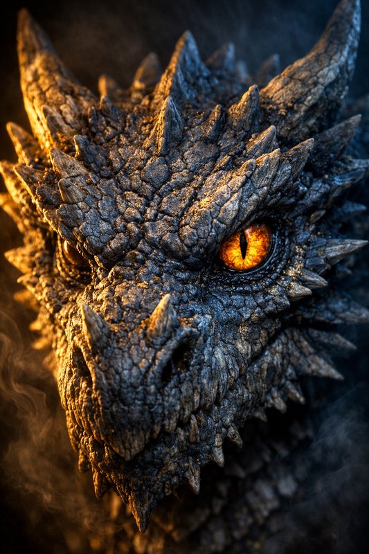 Close-up of a dragon's jagged, scales-covered face with a fiery orange eye