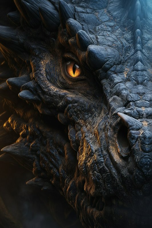 Close-up of a dark blue dragon's rugged scales and glowing orange eye.