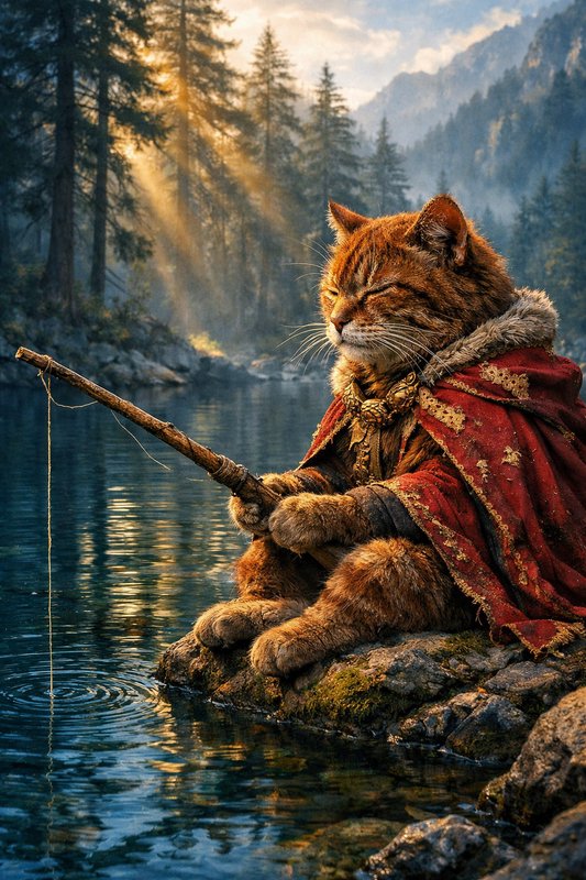 A cat in a red ornate cloak sits on a rock by a lake, fishing with a rod as sunbeams filter through a forest.
