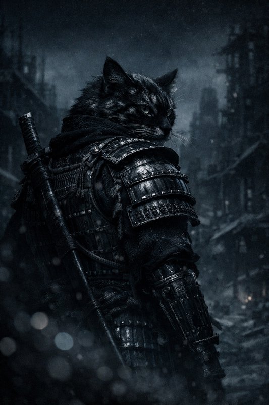 Dark armored cat warrior with a sword, standing amid snowy ruins.