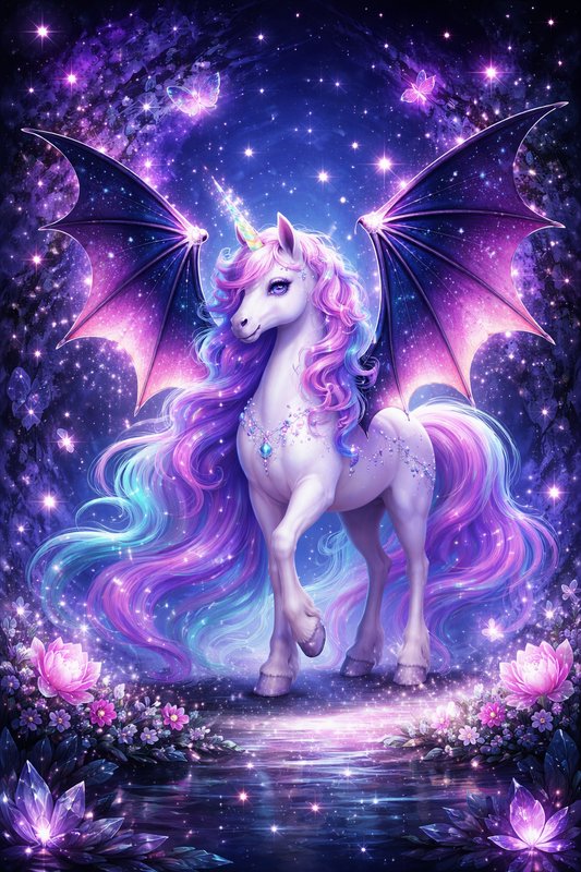 White unicorn with pastel mane and purple dragon wings in a magical starry purple cosmos.