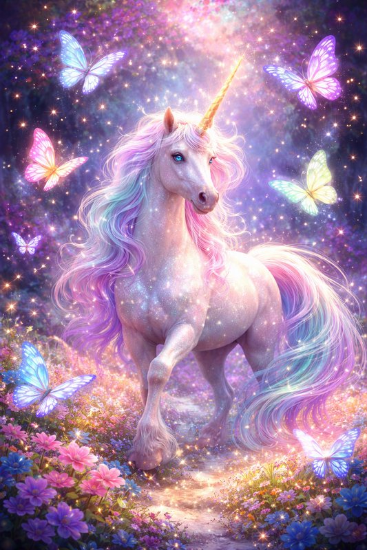 Mythical unicorn with pastel mane in a sparkling enchanted garden surrounded by butterflies.