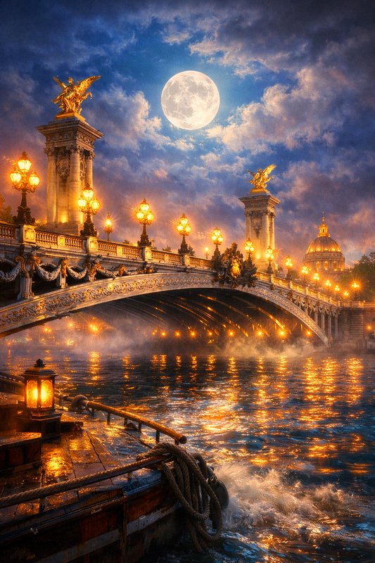 Full moon over Pont Alexandre III in Paris with gilded statues and glowing lamps.