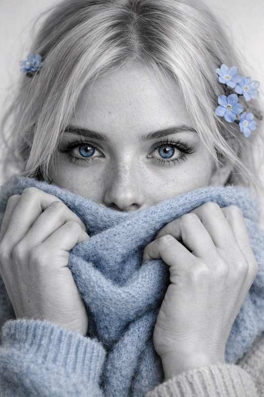 Woman with blue eyes and blue flowers in hair, wrapped in a blue knit scarf.
