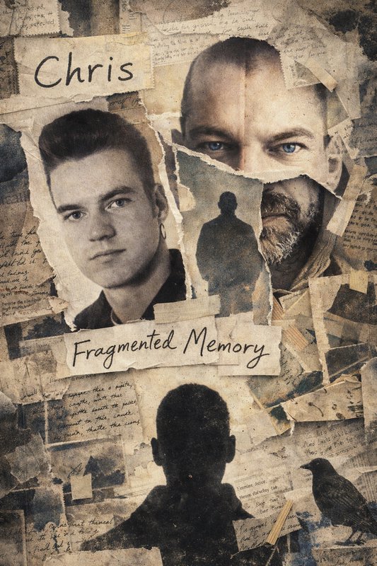 Torn photo collage titled "Fragmented Memory" featuring a man named Chris, a silhouette, and a bird.