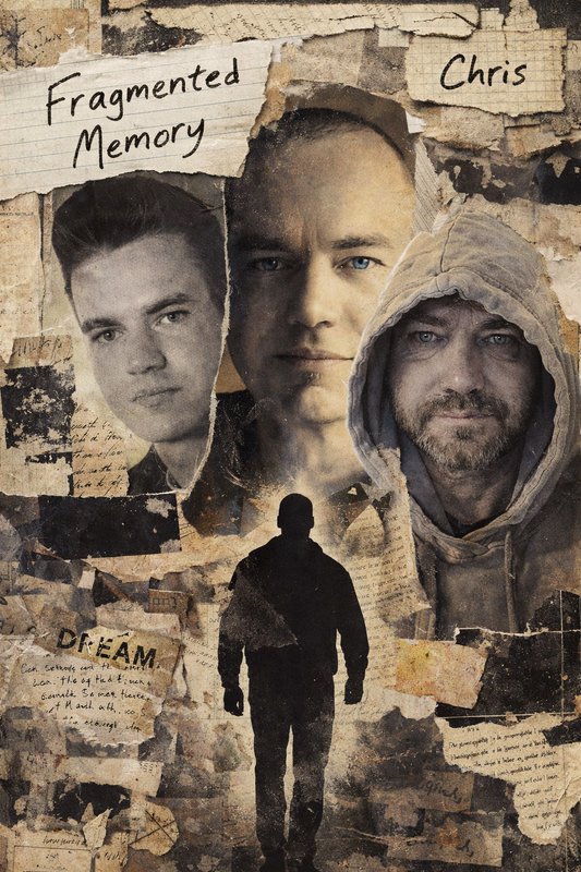 Collage-style poster with torn notes and three portraits above a lone silhouette walking.