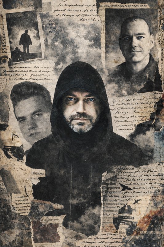 Central hooded man with blue eyes in a dark collage of torn newspaper clippings and faded portraits