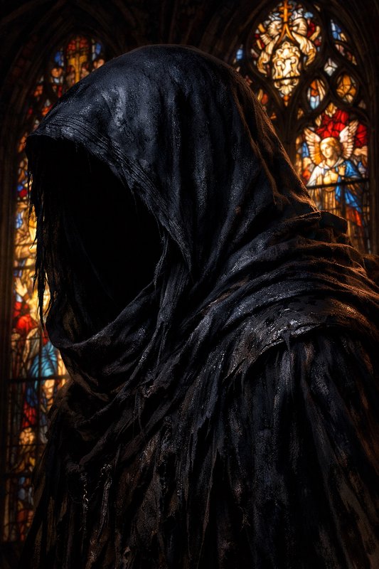 Hooded, cloaked figure in black fabric against a colorful stained-glass backdrop.