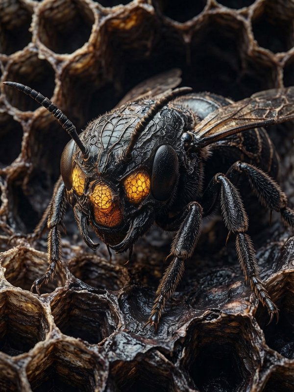 Close-up of a black wasp/hornet with orange eyes on a honeycomb backdrop.