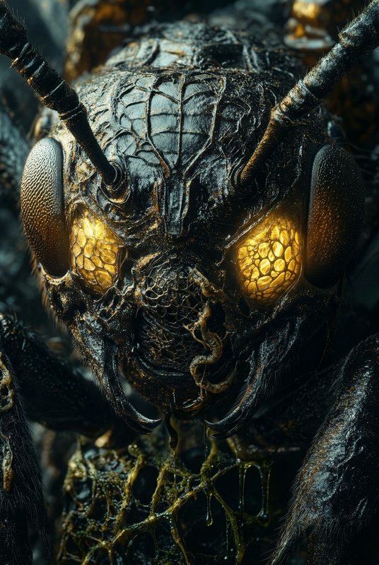 Close-up of a dark, textured insect face with glowing amber eyes.