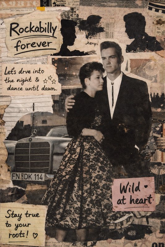 Vintage collage featuring a couple in 1950s attire with a classic car and handwritten notes.
