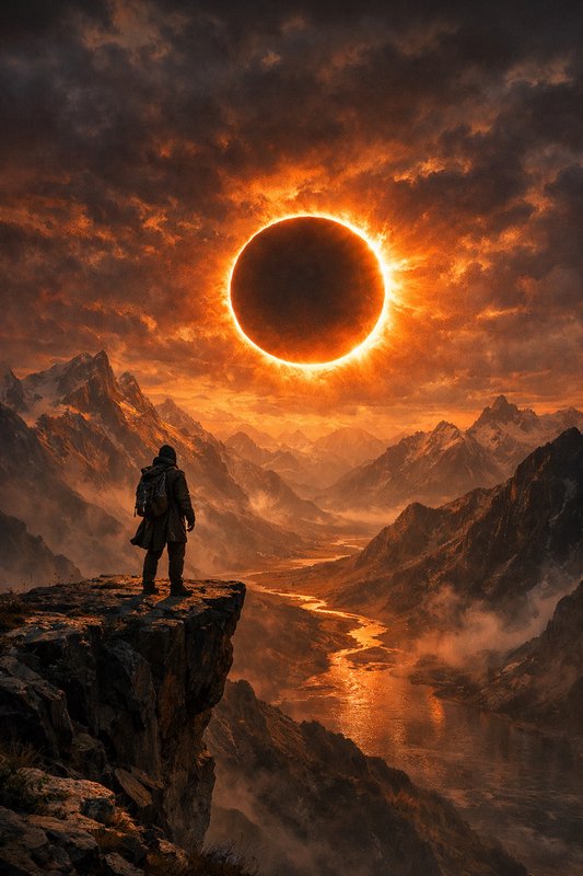 Lone hiker on a cliff edge as a fiery solar eclipse looms over rugged mountains and a winding river.