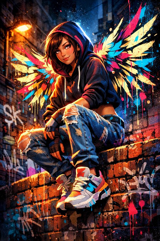 Hooded street-style girl with vibrant painted wings, sitting on a graffiti brick wall at night.