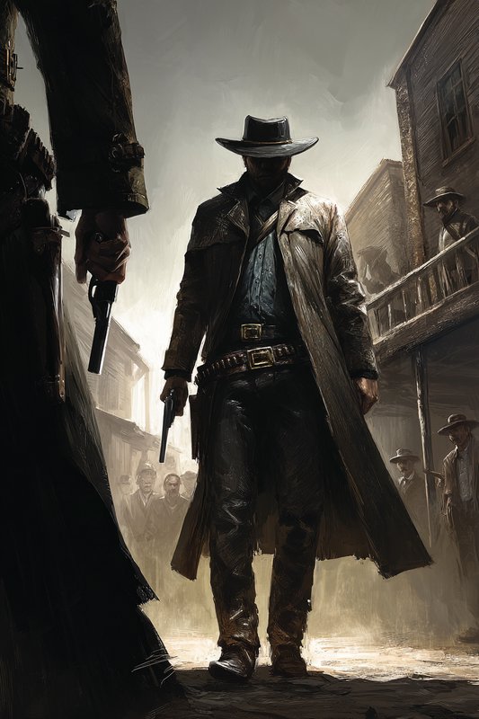 Silhouetted gunslinger in a long coat and wide-brimmed hat on a dusty Western street.