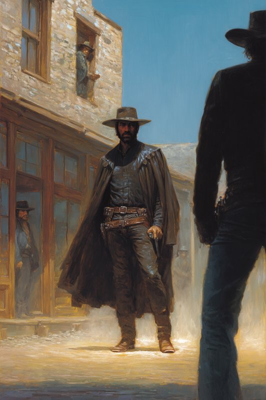Two cowboys in a dusty Western town; central gunslinger in a brown duster and wide hat faces a shadowy silhouette.
