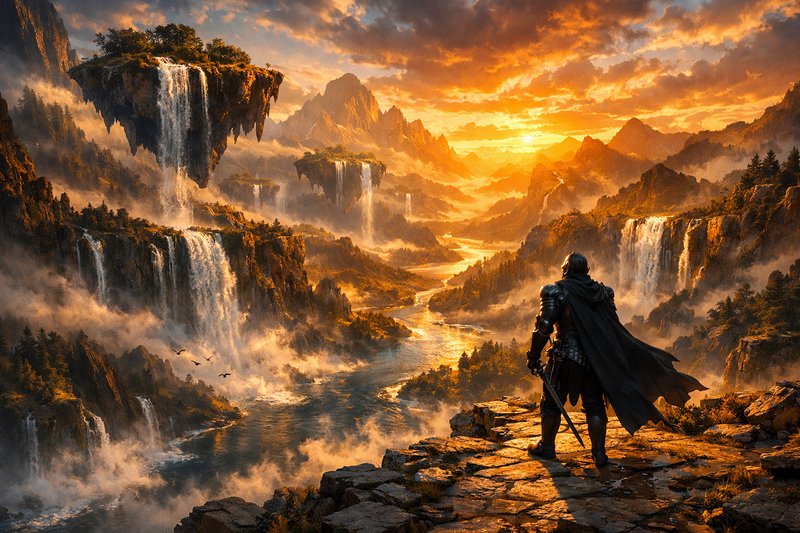 Fantasy knight in black armor and cape on a rocky cliff overlooking cascading waterfalls at sunrise.