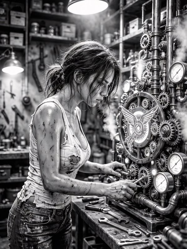 A cinematic, expressive close-up in black and white of a young, determined female mechanic in a bustling steampunk workshop. She is working on a complex, futuristic-looking steampunk machine with countless luminous gears, copper pipes, pressure gauges, and delicate brass mechanisms. A striking mechanical bird emblem is emblazoned on a central plate. She wears a dirty, sleeveless, white ripped top, lightly soiled with grease, dirt, and oil splatters, and heavily soiled, dark blue jeans.

The ripped top clings so tightly to her body that her shapely breasts are clearly visible.

Her bare arms are lightly covered with oil and soot. Her tousled, dark hair is loosely tied back, strands falling across her face as she concentrates on adjusting a component. In her right hand, she holds a wrench and adjusts a gear on the machine.

The workshop is filled with steam, cold, atmospheric light from lamps, and glowing components.

Shelves are filled with machine parts. Tools are scattered on a workbench in the foreground.

Shallow depth of field, sharp focus on the woman and the machine, high level of detail, high contrast.