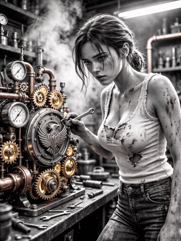 A cinematic, expressive close-up in black and white of a young, determined female mechanic in a bustling steampunk workshop. She is working on a complex, futuristic-looking steampunk machine with countless luminous gears, copper pipes, pressure gauges, and delicate brass mechanisms. A striking mechanical bird emblem is emblazoned on a central plate. She wears a dirty, sleeveless, white ripped top, lightly soiled with grease, dirt, and oil splatters, and heavily soiled, dark blue jeans.

The ripped top clings so tightly to her body that her shapely breasts are clearly visible.

Her bare arms are lightly covered with oil and soot. Her tousled, dark hair is loosely tied back, strands falling across her face as she concentrates on adjusting a component. In her right hand, she holds a wrench and adjusts a gear on the machine.

The workshop is filled with steam, cold, atmospheric light from lamps, and glowing components.

Shelves are filled with machine parts. Tools are scattered on a workbench in the foreground.

Shallow depth of field, sharp focus on the woman and the machine, high level of detail, high contrast.