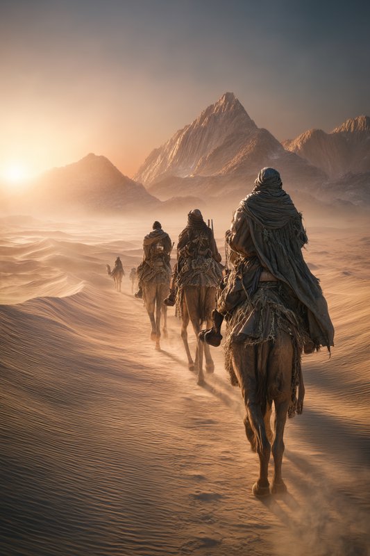 Camel caravan traversing golden desert dunes at sunrise with distant mountains.