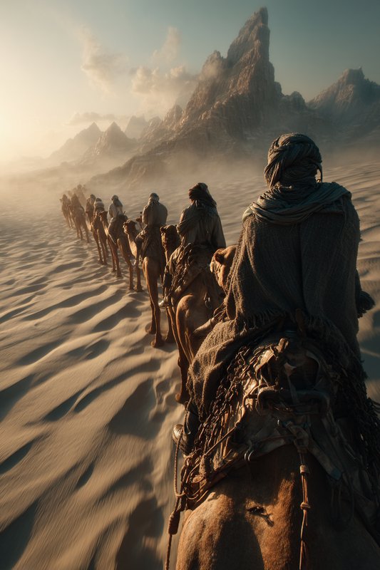 Silhouetted camel caravan marching across wind-swept desert dunes toward jagged mountains at dawn.