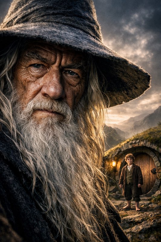 Close-up of an elderly wizard with a long gray beard and wide-brimmed hat; a hobbit-style doorway and mountains behind.