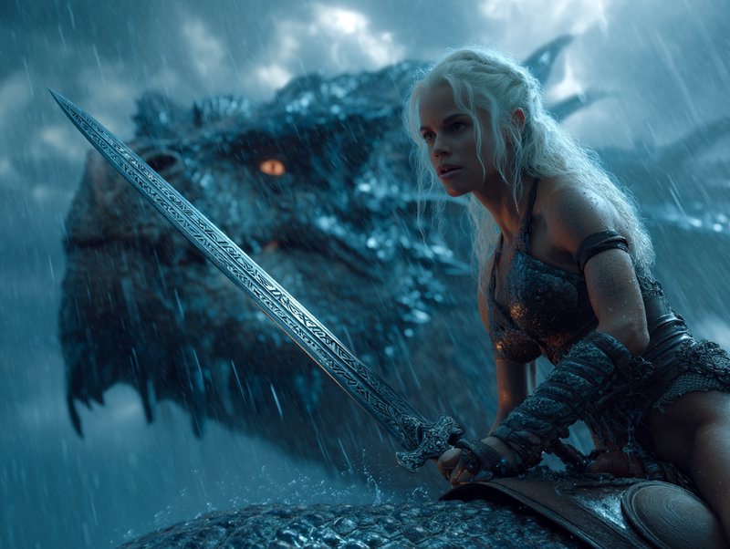 Female fantasy warrior with long white hair in rain, gripping an ornate sword amid a stormy blue backdrop.