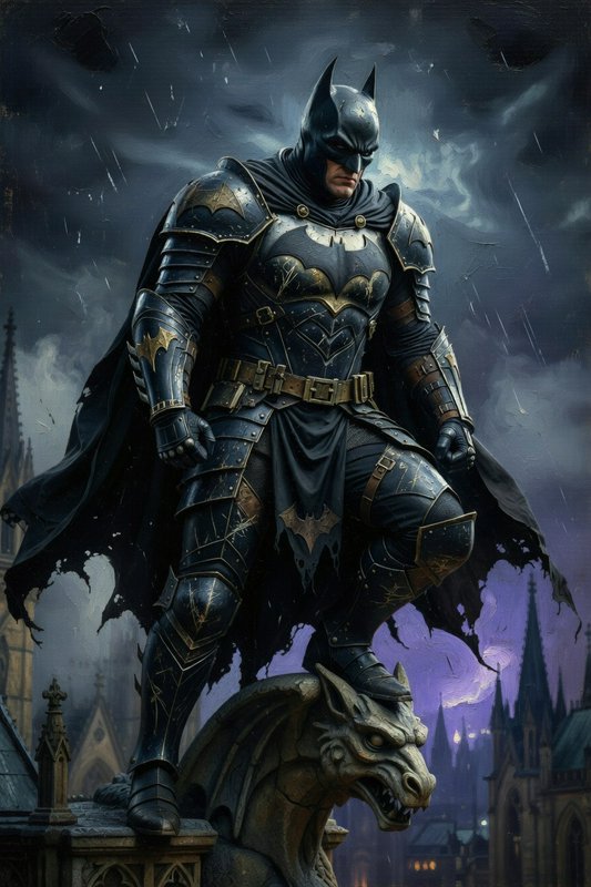 Armored Batman standing on a gargoyle in a rainy, gothic cityscape.