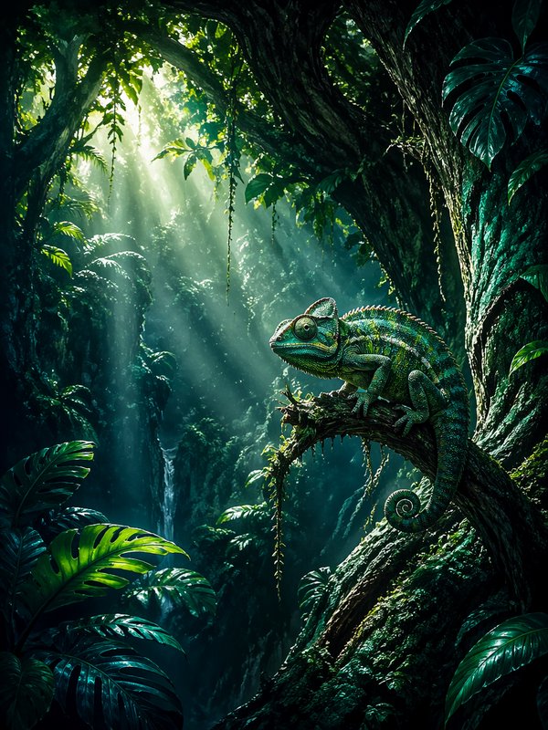 Chameleon perched on a mossy jungle branch with sunbeams filtering through dense rainforest.