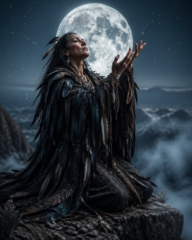 Native American woman in a feathered cloak kneels on rocks beneath a full moon, hands raised in prayer.