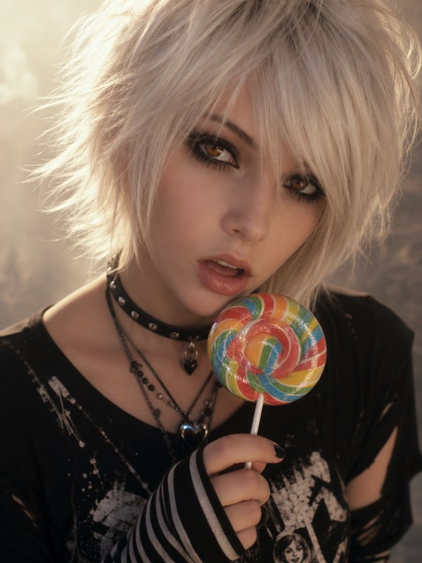 Close-up of a blonde, choppy-haired model with dark eye makeup holding a rainbow lollipop.