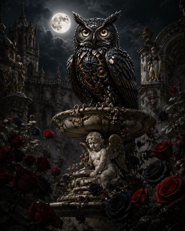 Moonlit gothic fountain with a detailed mechanical owl atop a cherub statue surrounded by red and dark roses.