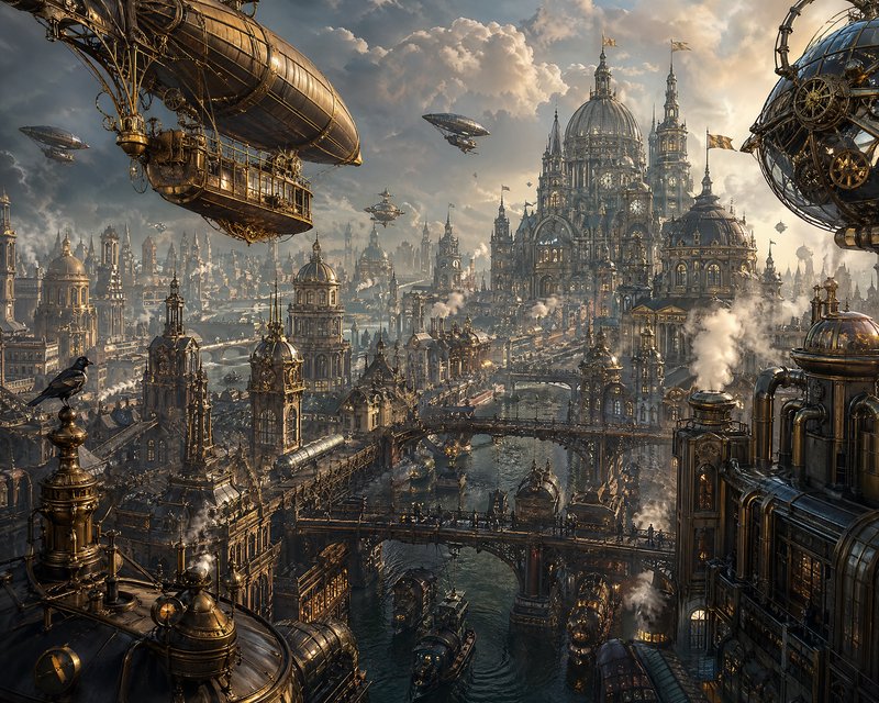 Epic steampunk cityscape with ornate gold buildings, bridges, and airships hovering above canals.