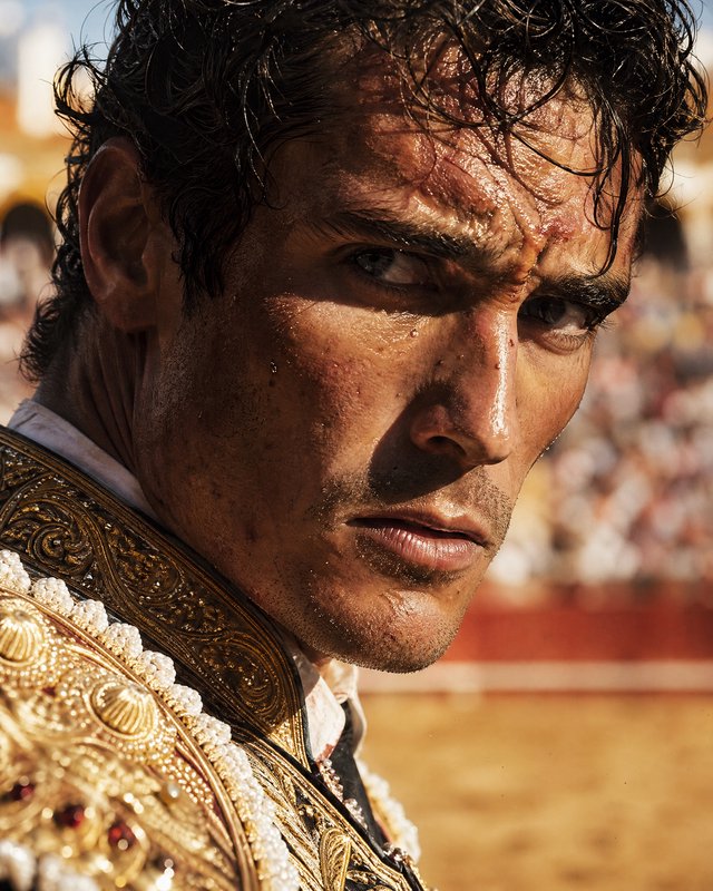 Close-up of a matador in ornate gold traje de luces with an intense, focused expression