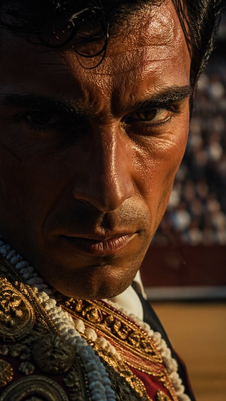 Close-up of a matador's intense face in ornate bullfighting costume, dramatic lighting.