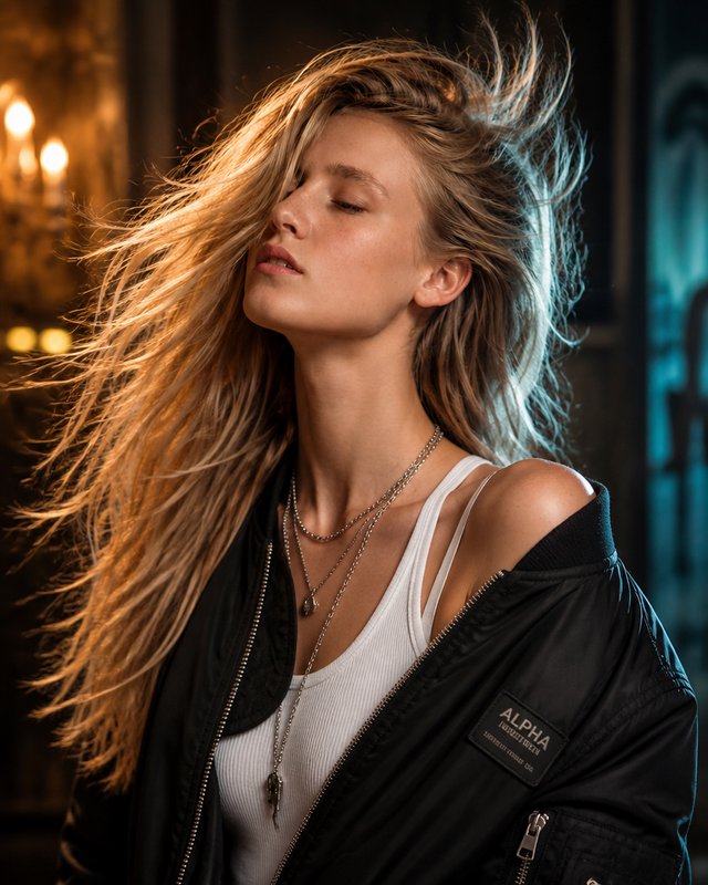 Portrait of a windswept blonde woman in a black bomber jacket and white tank top.
