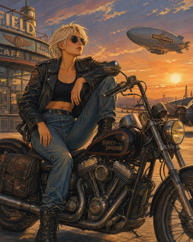 Woman with blonde hair in a leather jacket sits on a Harley-Davidson motorcycle at sunset.