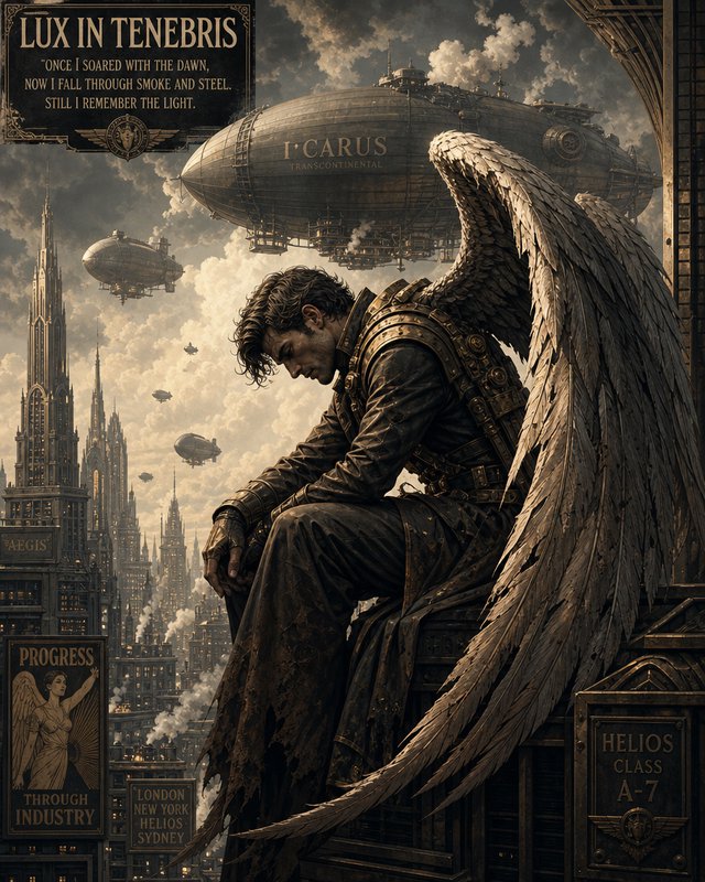 Winged, armored angel sitting on a ledge above a steampunk city with airships and gothic skyscrapers.