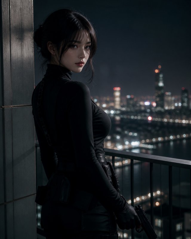 A woman in a black tactical outfit stands on a balcony at night, holding a handgun with a blurred city skyline behind.