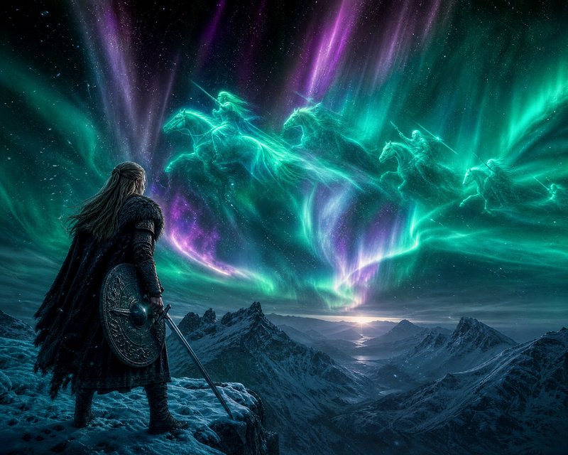 Nordic warrior in fur cloak with shield and sword on a snowy cliff under vibrant aurora borealis.