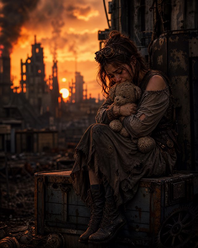 Worn woman in tattered dress sits on a rusted crate at dusk, hugging a teddy bear amid a smoky industrial backdrop.