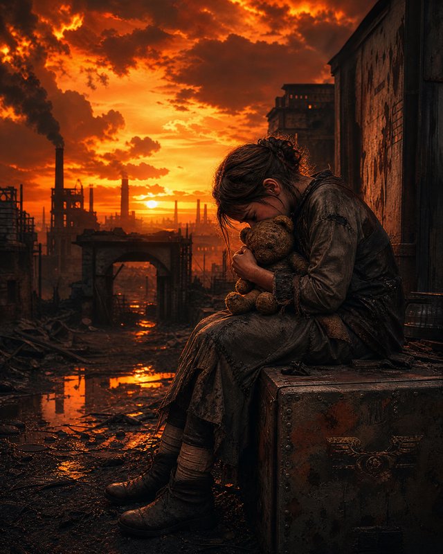 Young girl in dirty clothes sits on a metal case, hugging a teddy bear in a ruined factory at sunset.