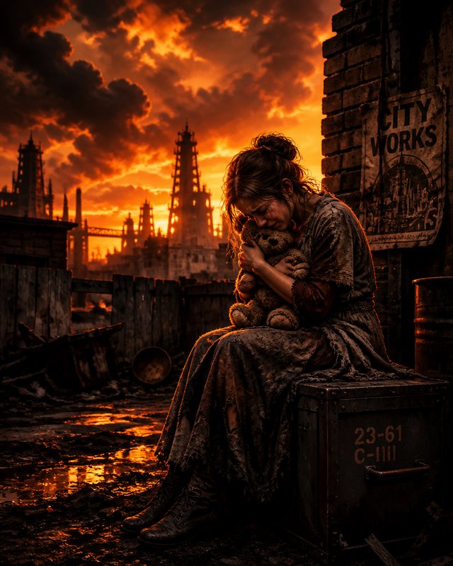 A dirt-smudged woman sits on a crate in a ruined industrial city at sunset, hugging a teddy bear.