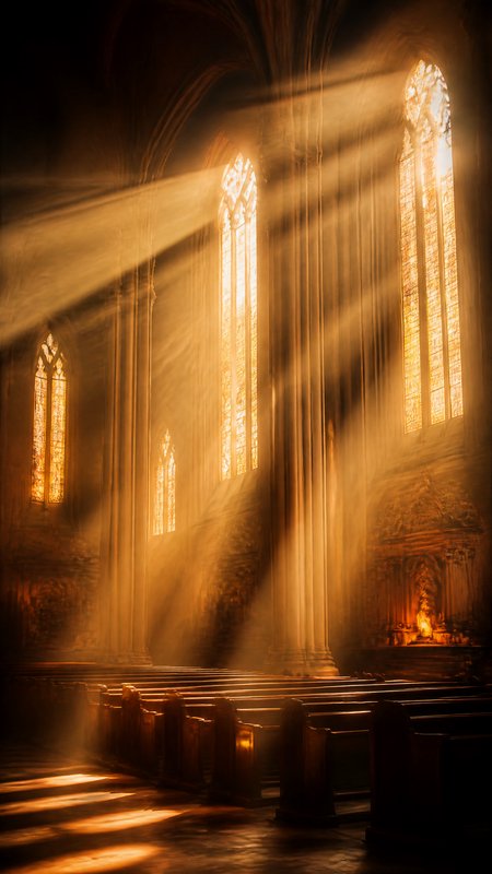 Sunlight streaming through tall arched windows inside a dim church, warm golden beams.