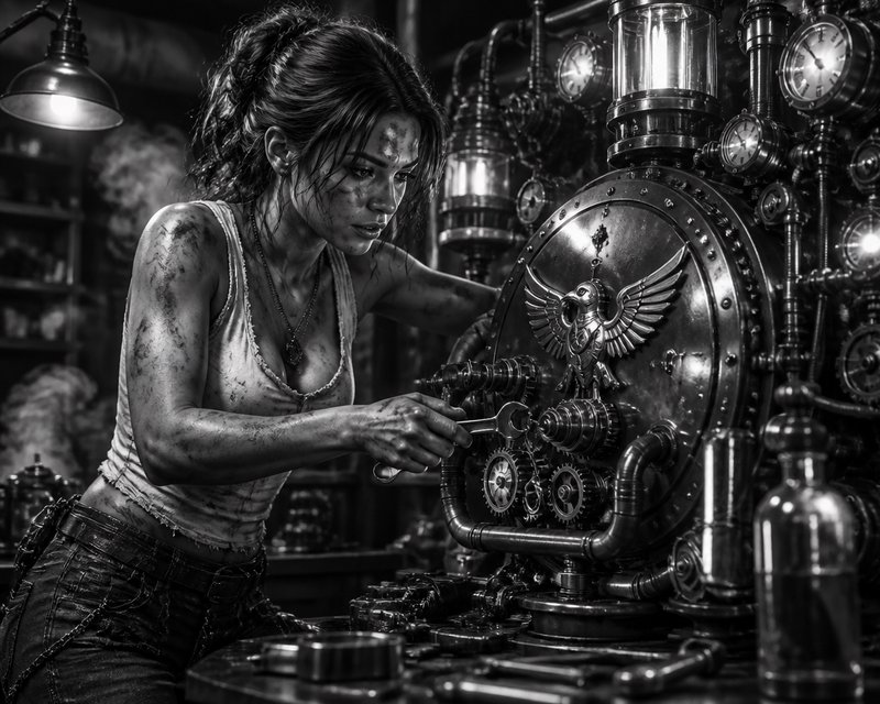Black-and-white photo of a focused female mechanic repairing a large steampunk machine with gears and gauges.